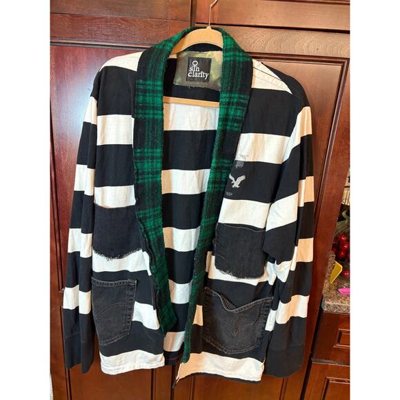 Sin Clarity Jackets & Blazers - Sin Clarity Black & White Striped Shacket with Plaid Collar Upcycled